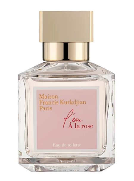 Elegant bottle of Laura Mercier perfume with a gold cap.