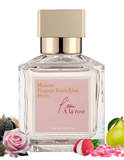 Elegant perfume bottle with floral and fruit accents.