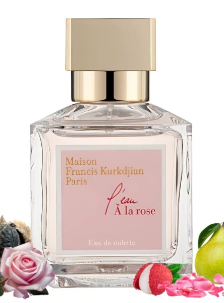 Elegant perfume bottle with floral and fruit accents.