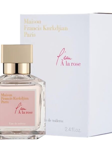 Elegant perfume bottle with pink label and gold cap beside its white box.
