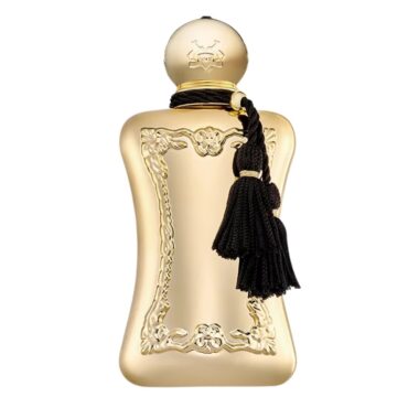 Elegant gold perfume bottle with black tassel.