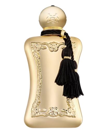 Elegant gold perfume bottle with black tassel.
