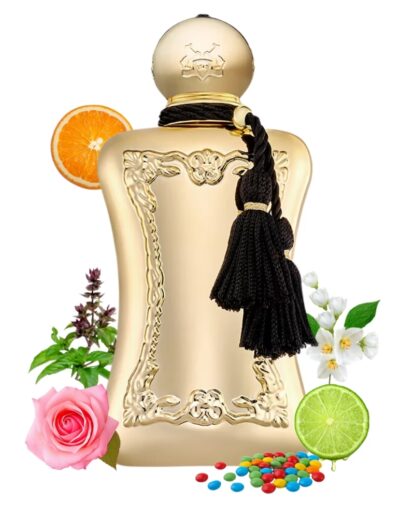 Elegant perfume bottle adorned with a black tassel and surrounded by floral and citrus elements.