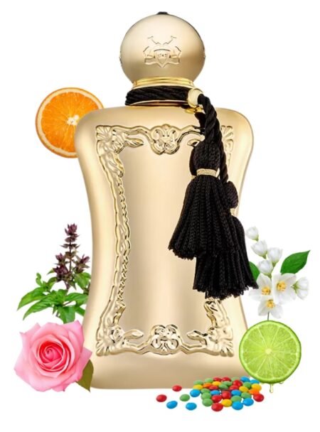 Elegant perfume bottle adorned with a black tassel and surrounded by floral and citrus elements.