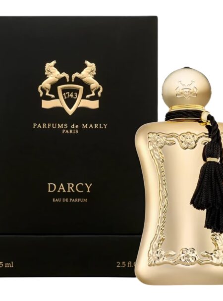 Elegant bottle of Darcy perfume with black packaging.