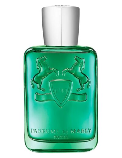 Green perfume bottle with silver cap and embossed horse design.