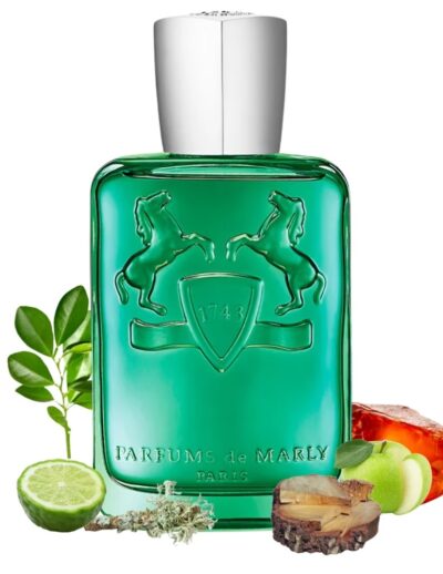 Green perfume bottle with natural ingredients around it.