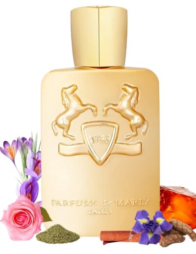 Elegant cream-colored perfume bottle with floral accents.