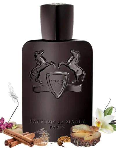 Dark brown luxury perfume bottle with natural ingredients around it.