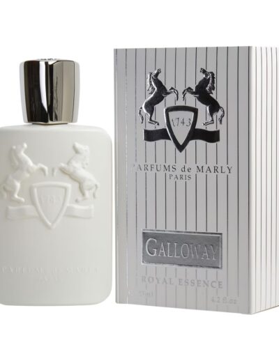 White bottle and box of Gallivant perfume with embossed design.