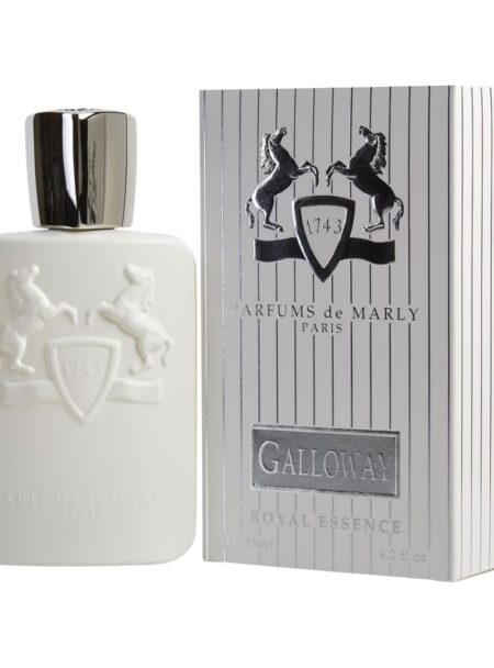White bottle and box of Gallivant perfume with embossed design.