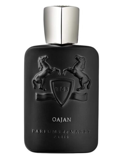 Elegant black perfume bottle with silver cap and embossed crest design.