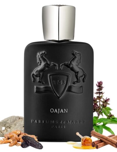 Black Oajan perfume bottle with natural elements around.