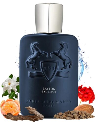 Elegant dark blue perfume bottle with a silver cap and floral and nut accents.