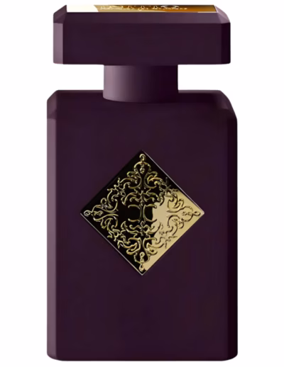 Dark purple luxury perfume bottle with gold emblem