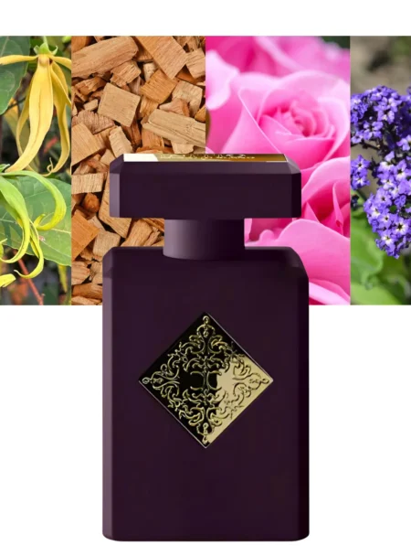 Dark purple perfume bottle with rose and wood