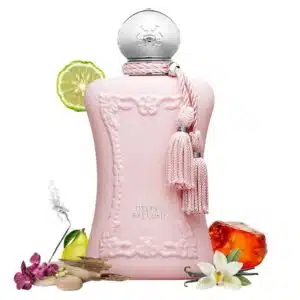 Elegant pink perfume bottle with floral and citrus accents.