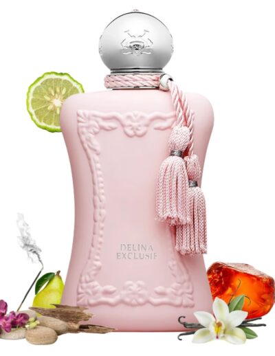 Elegant pink perfume bottle with floral and citrus accents.