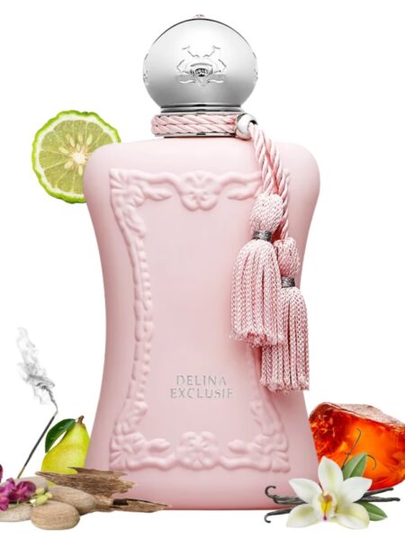 Elegant pink perfume bottle with floral and citrus accents.
