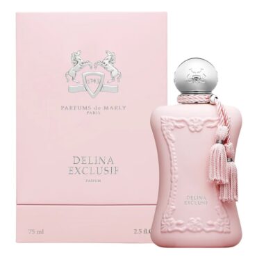 Elegant pink perfume bottle with matching box and tassel detail.