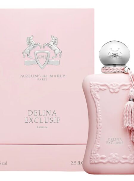 Elegant pink perfume bottle with matching box and tassel detail.