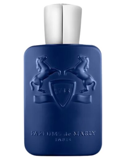 Elegant blue perfume bottle with embossed design and silver cap.