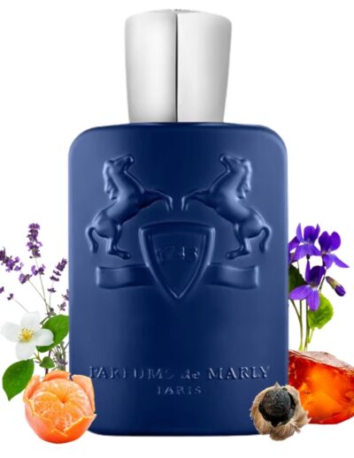 A blue perfume bottle with floral and fruit elements around it.