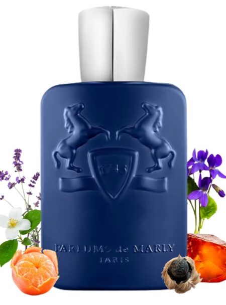 A blue perfume bottle with floral and fruit elements around it.