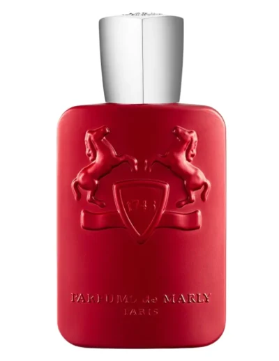 Red bottle of Maison Francis Kurkdjian perfume with silver cap and embossed design.