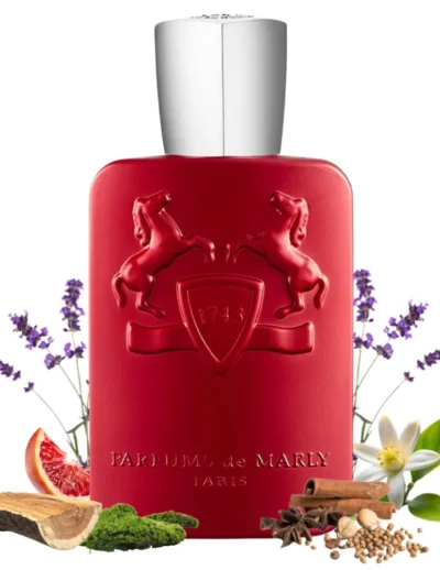 Elegant red perfume bottle with silver cap surrounded by fig, lavender, and spices.