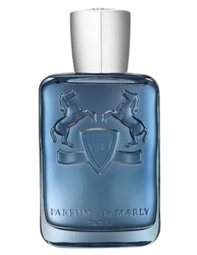 Blue perfume bottle with silver cap and horse logo.