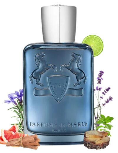 Blue glass perfume bottle with silver cap and natural ingredients around.