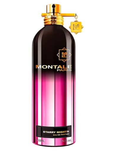 A sleek Montale perfume bottle with a gold cap and pink gradient design.
