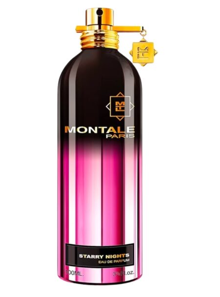 A sleek Montale perfume bottle with a gold cap and pink gradient design.