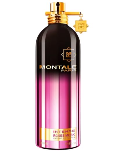 Luxurious pink and black perfume bottle with gold accents.
