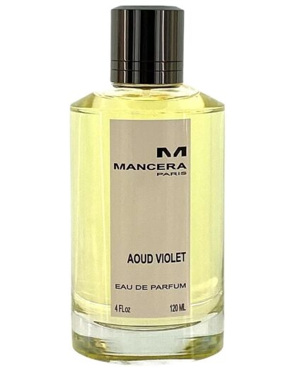 Bottle of Mancera Aoud Violet perfume with black cap.