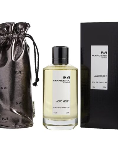 Elegant perfume bottle with black box and pouch.