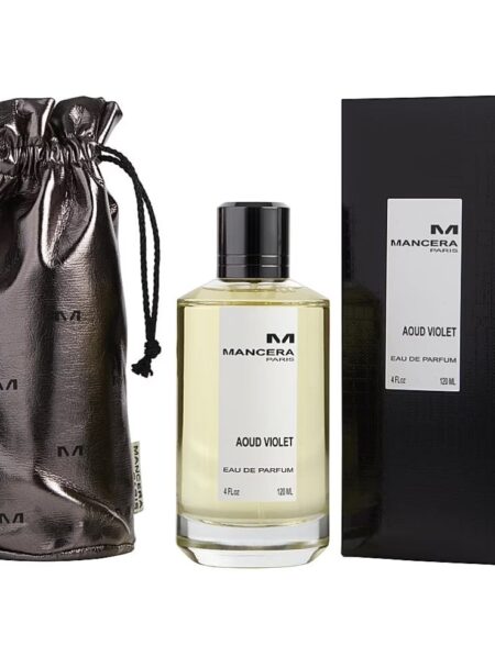 Elegant perfume bottle with black box and pouch.