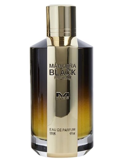 Elegant black and gold perfume bottle with sleek design.