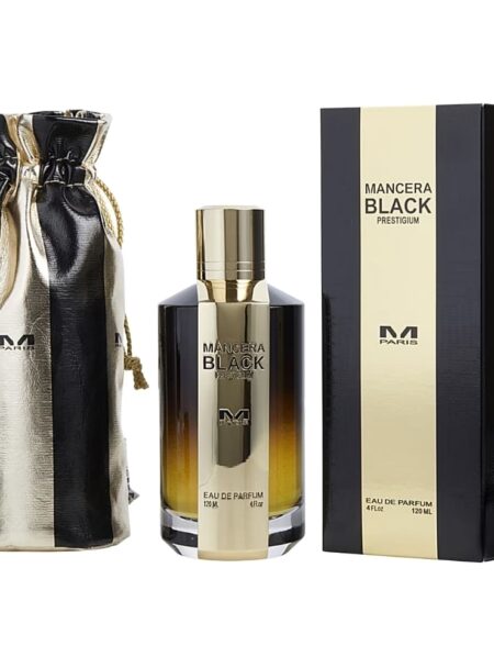 Elegant gold and black perfume bottle with matching pouch and box.