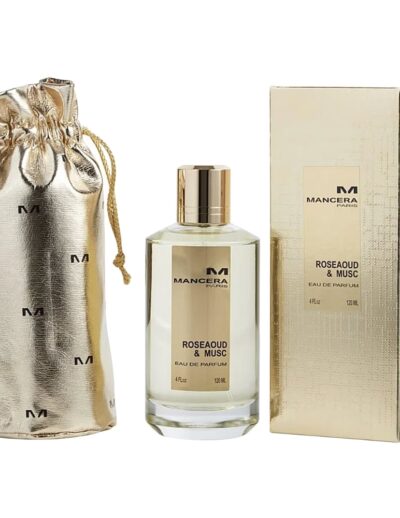Elegant perfume bottle with matching pouch and box.