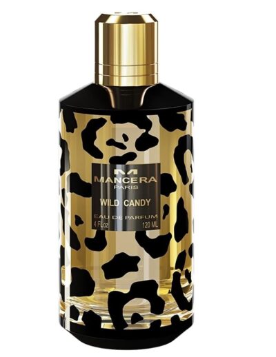 Luxury perfume bottle with leopard print and gold cap.