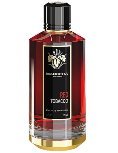 Elegant bottle of tobacco-scented fragrance with a black and gold label.