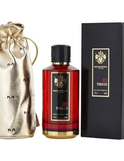 Luxurious bottle of perfume with elegant packaging and a gold drawstring pouch.