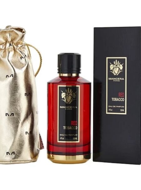 Luxurious bottle of perfume with elegant packaging and a gold drawstring pouch.