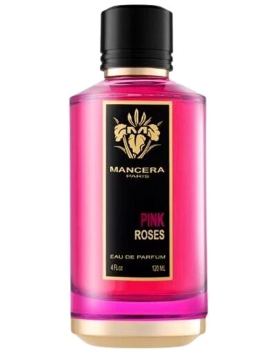 Elegant pink perfume bottle with black and gold label.