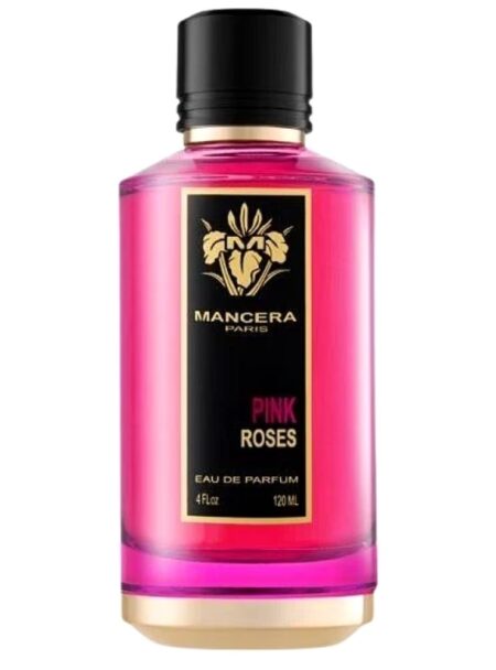 Elegant pink perfume bottle with black and gold label.