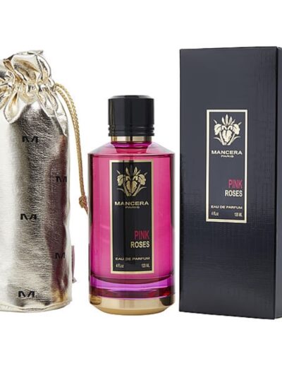 Luxurious pink perfume bottle with elegant gold and black packaging.