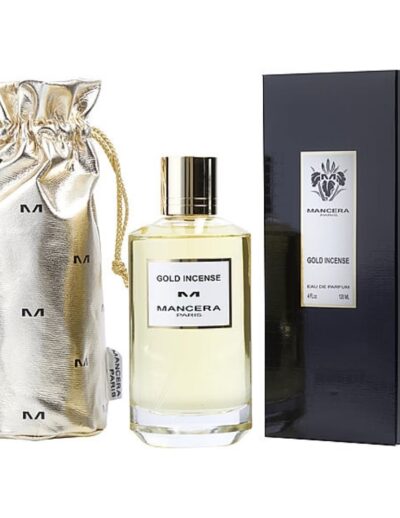 Elegant perfume bottle with gold pouch and black box packaging.