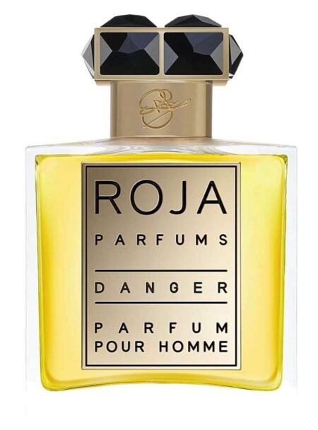 A bottle of Roja Parfums Amber Pour Homme fragrance with a gold and black cap.